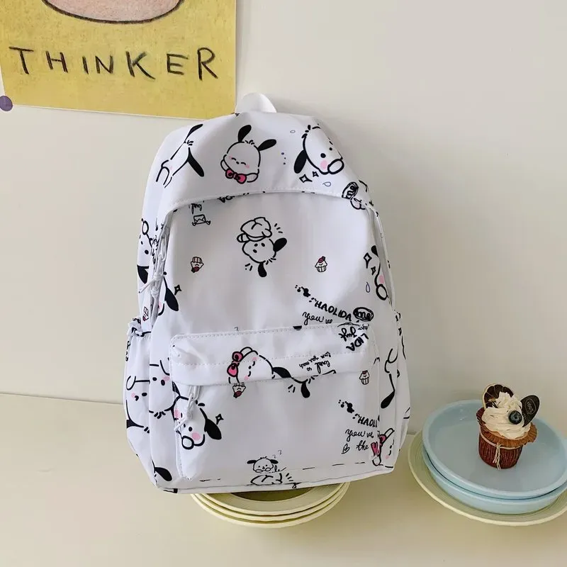 Tas Ransel Wanita Bahan Oxford Motif Print Warna Putih Bentuk Kotak Tali Panjang Resleting
