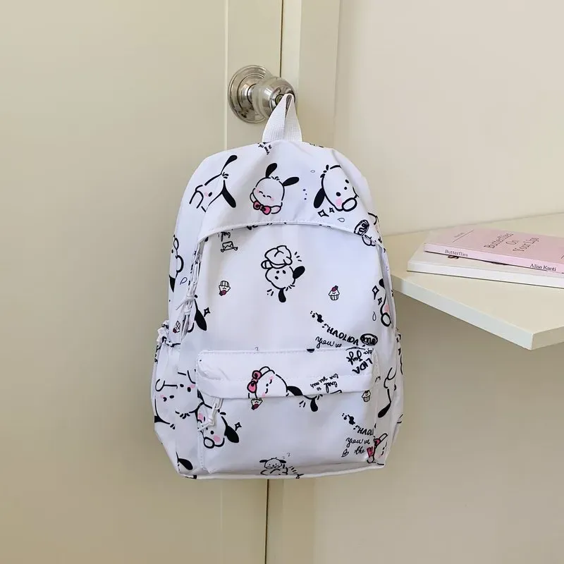 Tas Ransel Wanita Bahan Oxford Motif Print Warna Putih Bentuk Kotak Tali Panjang Resleting