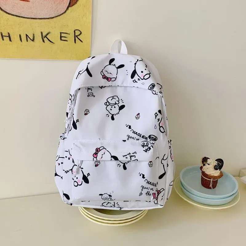 Tas Ransel Wanita Bahan Oxford Motif Print Warna Putih Bentuk Kotak Tali Panjang Resleting