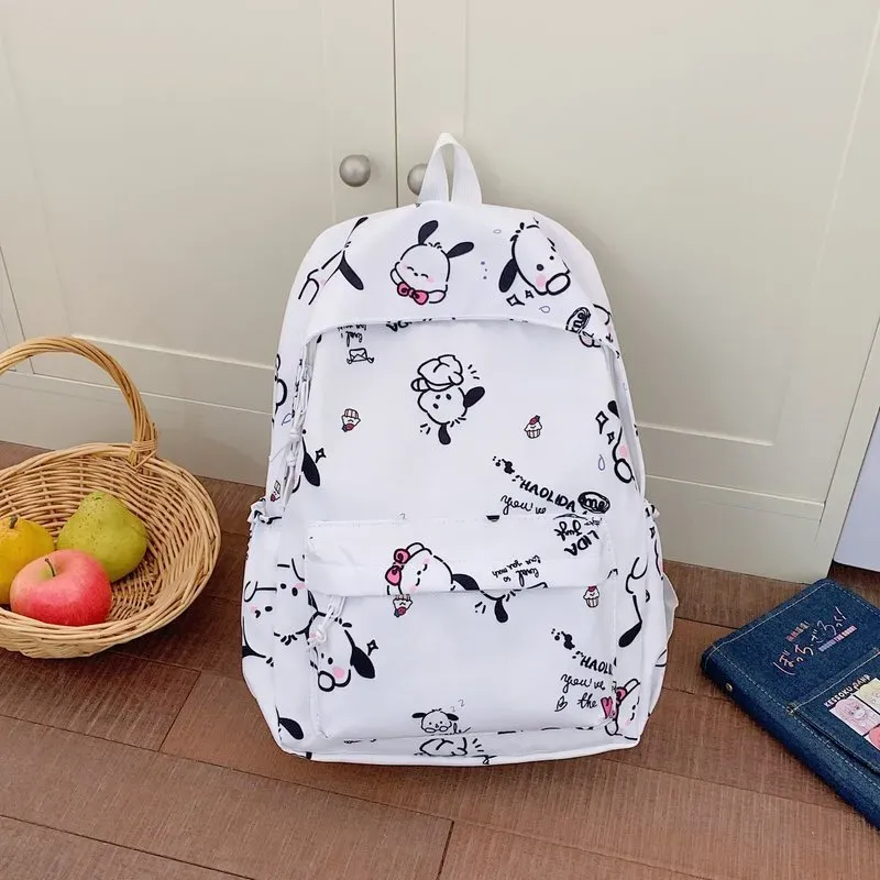 Tas Ransel Wanita Bahan Oxford Motif Print Warna Putih Bentuk Kotak Tali Panjang Resleting