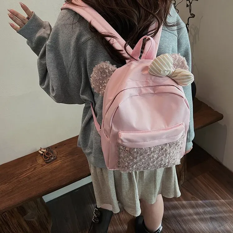 Tas Ransel Wanita Bahan Nylon Polos Warna Pink Bentuk Kotak Tali Lebar Resleting Stok China