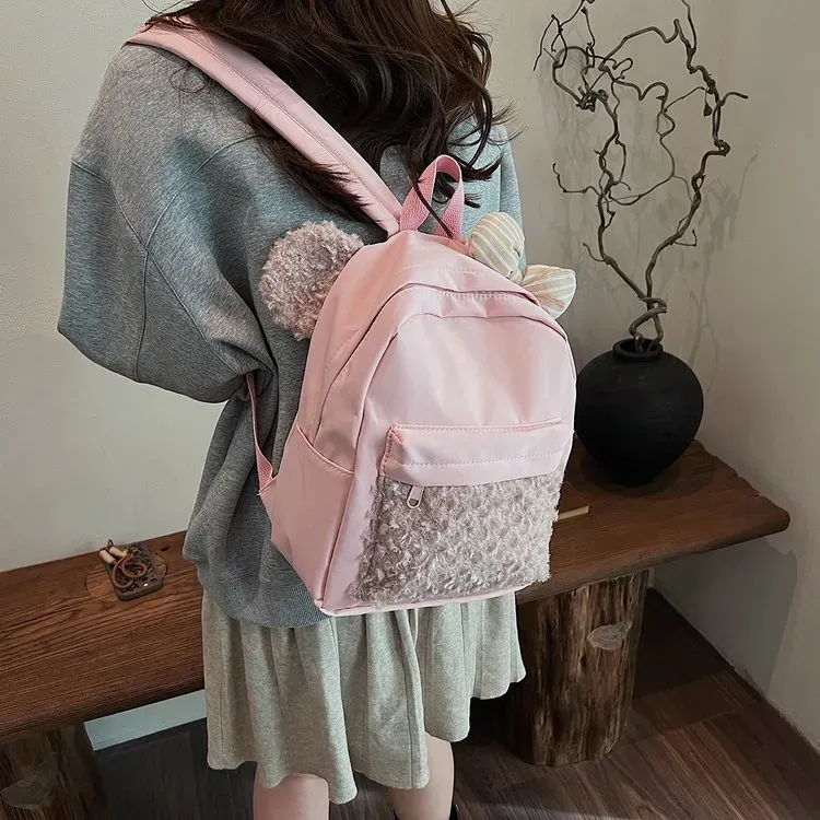 Tas Ransel Wanita Bahan Nylon Polos Warna Pink Bentuk Kotak Tali Lebar Resleting Stok China