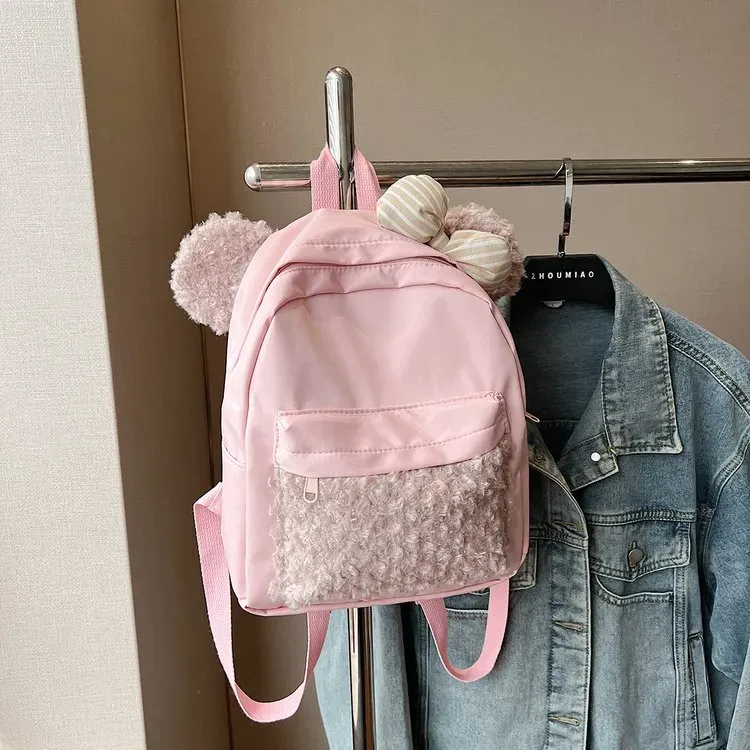 Tas Ransel Wanita Bahan Nylon Polos Warna Pink Bentuk Kotak Tali Lebar Resleting Stok China