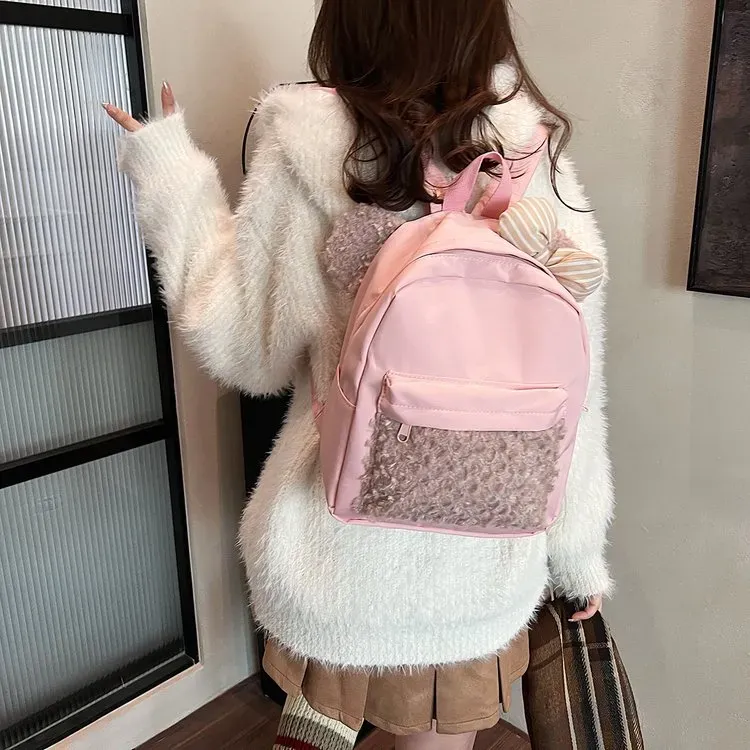 Tas Ransel Wanita Bahan Nylon Polos Warna Pink Bentuk Kotak Tali Lebar Resleting Stok China