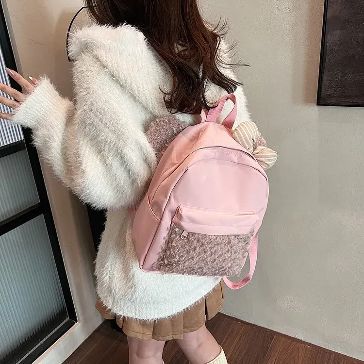 Tas Ransel Wanita Bahan Nylon Polos Warna Pink Bentuk Kotak Tali Lebar Resleting Stok China