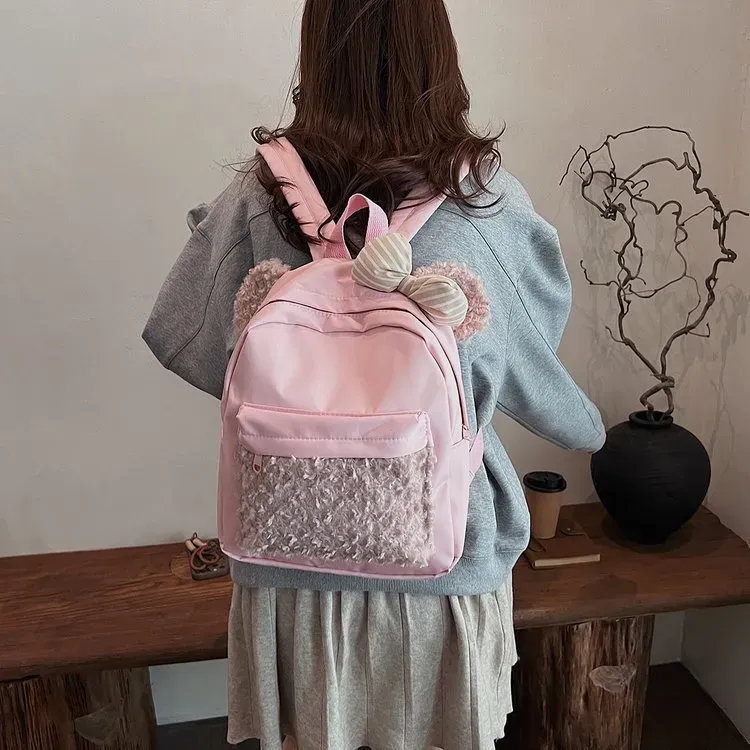 Tas Ransel Wanita Bahan Nylon Polos Warna Pink Bentuk Kotak Tali Lebar Resleting Stok China