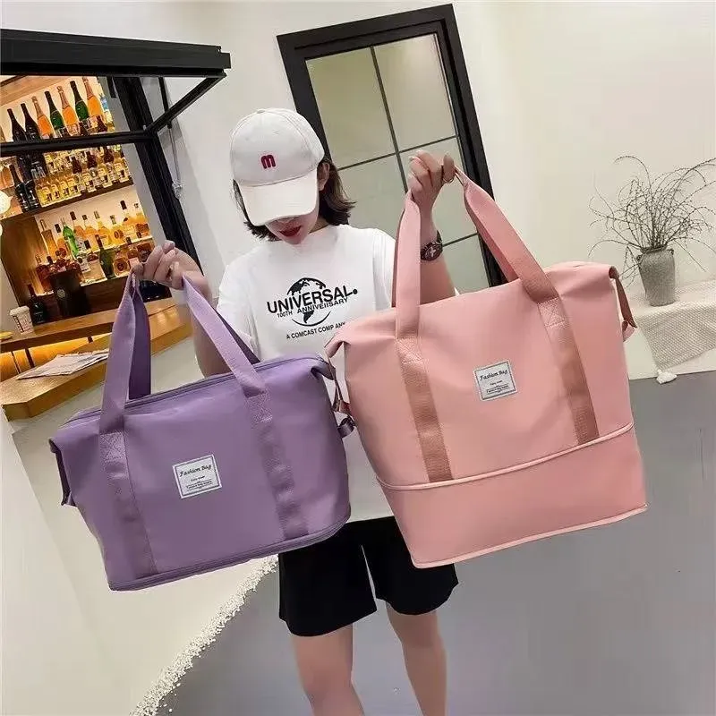 Tas Selempang Wanita Bahan Nylon Polos Warna Ungu Bentuk Kotak Tali Lebar untuk Travel Grosir