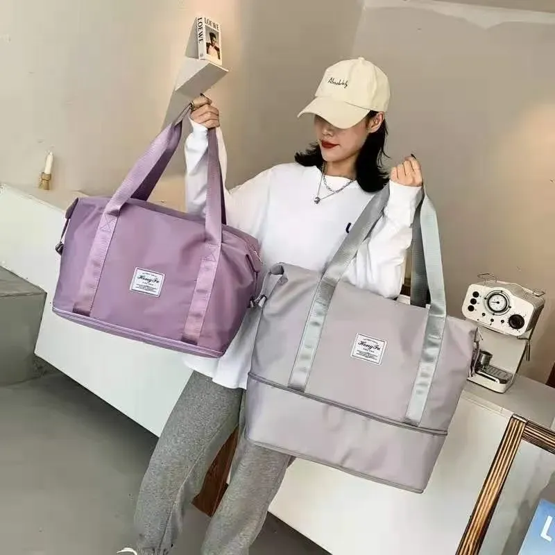 Tas Selempang Wanita Bahan Nylon Polos Warna Ungu Bentuk Kotak Tali Lebar untuk Travel Grosir
