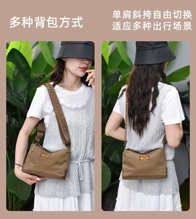 Tas Selempang Wanita Bahan Nylon Polos Warna Cokelat Bentuk Kotak Tali Panjang Grosir Import