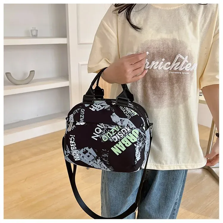 Tas Selempang Wanita Bahan PU Sintetis Motif Print Warna Hitam Bentuk Bulat Tali Grosir Import