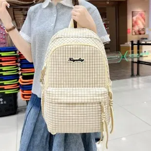 Tas Ransel Wanita Bahan Kain Motif Grid Bentuk Kotak Tali Lebar Resleting Grosir Import