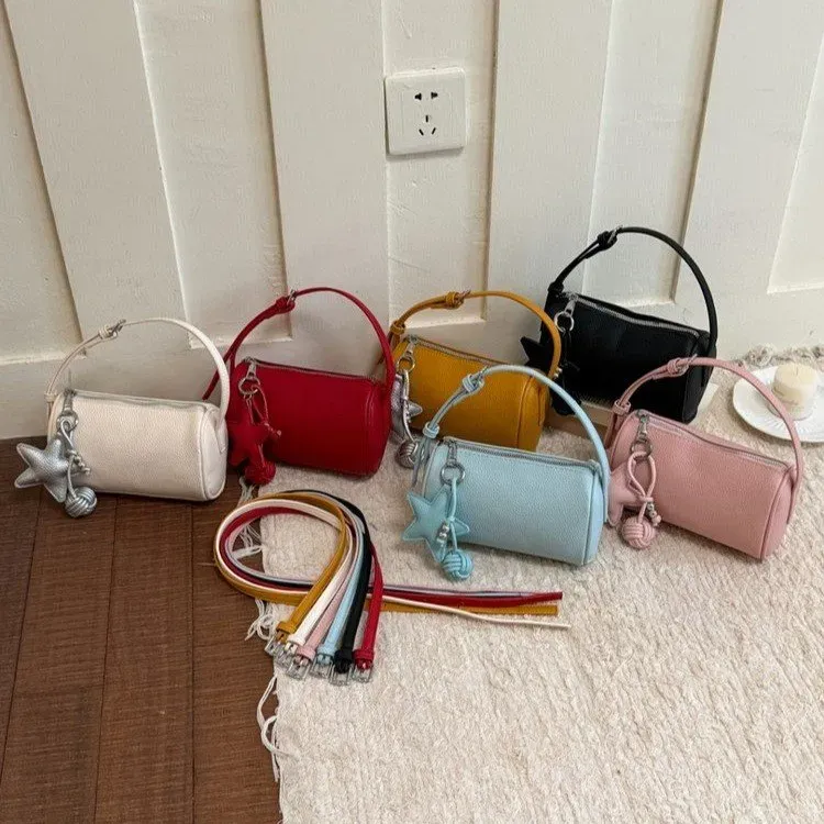 Tas Bucket Wanita Bahan PU Sintetis Polos Warna Hitam Bentuk Bucket Tali Panjang Grosir Import