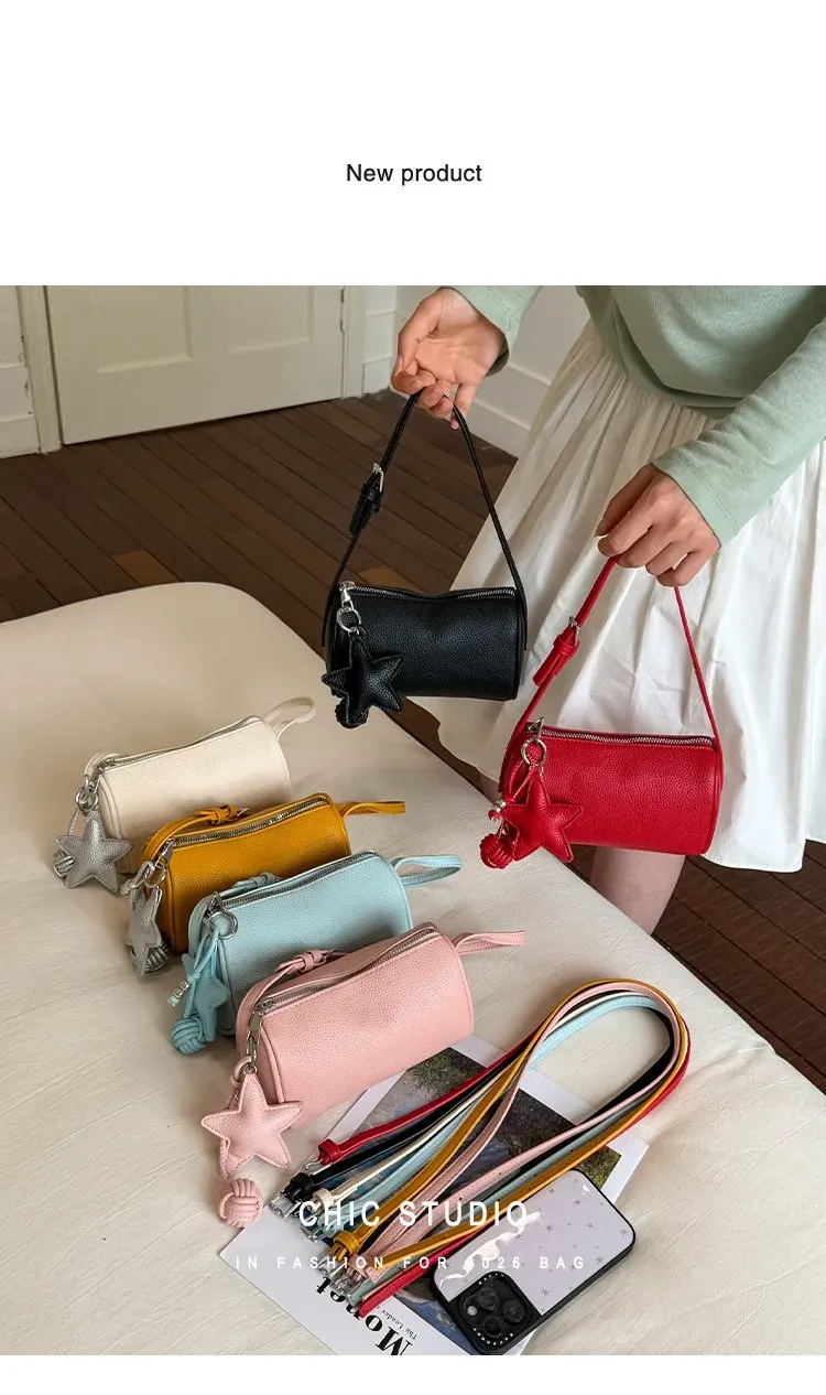 Tas Selempang Wanita Bahan PU Sintetis Polos Warna Hitam Bentuk Bulat Tali Grosir Import