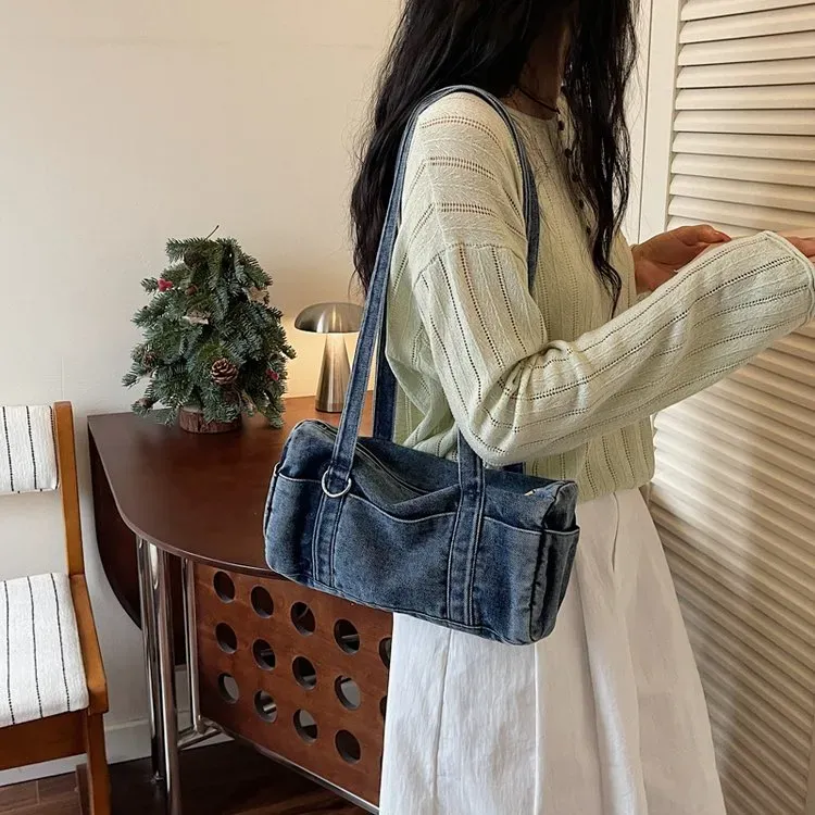 Tas Selempang Wanita Bahan PU Sintetis Polos Warna Biru Bentuk Kotak Tali Lebar Resleting