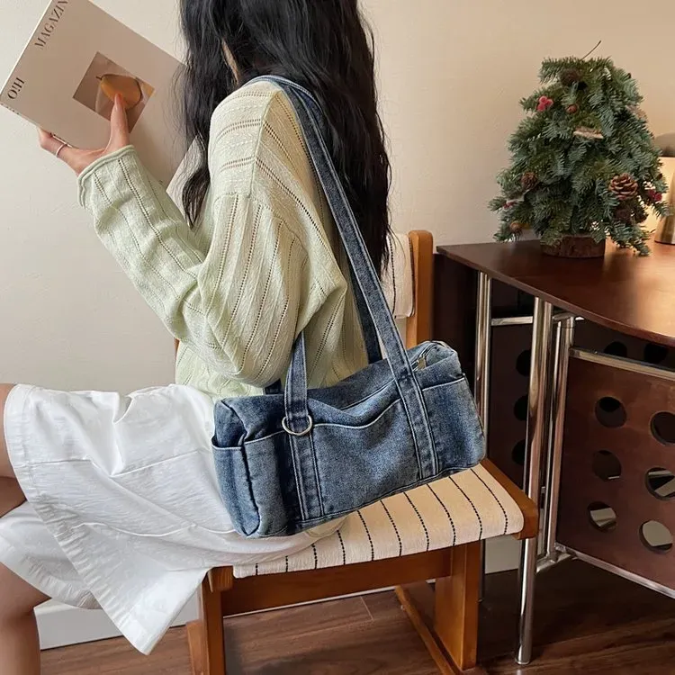 Tas Selempang Wanita Bahan PU Sintetis Polos Warna Biru Bentuk Kotak Tali Lebar Resleting