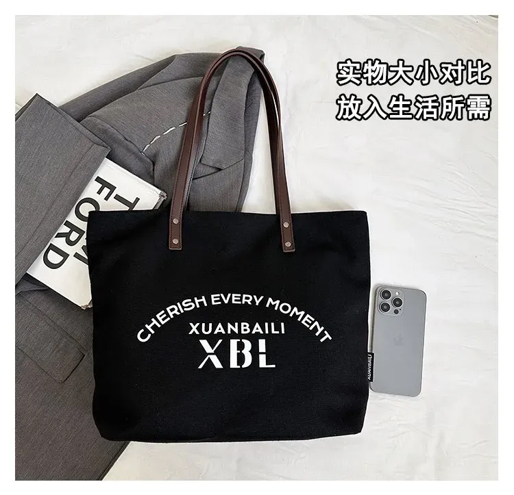 Tas Tote Wanita Bahan Oxford Motif Print Warna Hitam Bentuk Kotak Tali Lebar Grosir Import