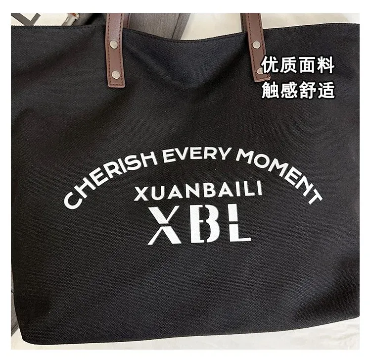 Tas Tote Wanita Bahan Oxford Motif Print Warna Hitam Bentuk Kotak Tali Lebar Grosir Import