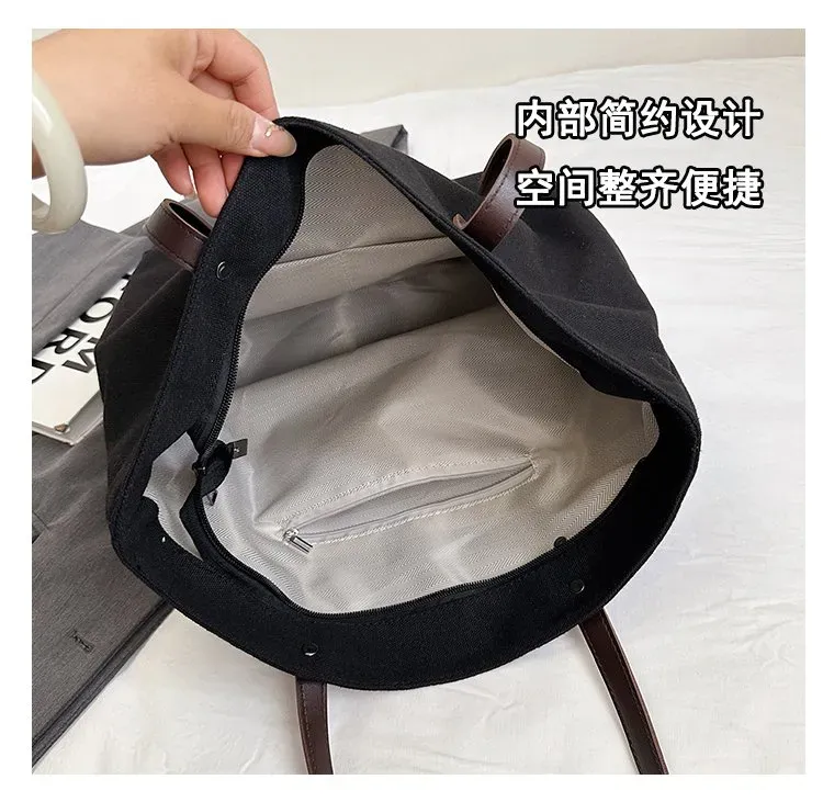 Tas Tote Wanita Bahan Oxford Motif Print Warna Hitam Bentuk Kotak Tali Lebar Grosir Import