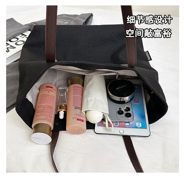 Tas Tote Wanita Bahan Oxford Motif Print Warna Hitam Bentuk Kotak Tali Lebar Grosir Import