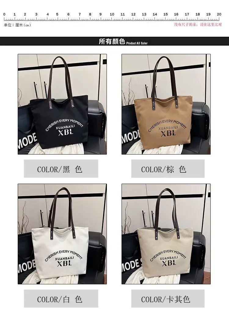 Tas Tote Wanita Bahan Oxford Motif Print Warna Hitam Bentuk Kotak Tali Lebar Grosir Import