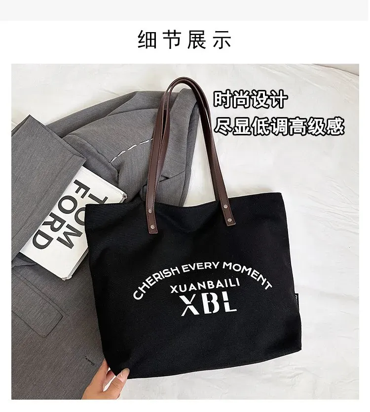 Tas Tote Wanita Bahan Oxford Motif Print Warna Hitam Bentuk Kotak Tali Lebar Grosir Import