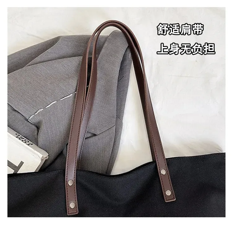 Tas Tote Wanita Bahan Oxford Motif Print Warna Hitam Bentuk Kotak Tali Lebar Grosir Import