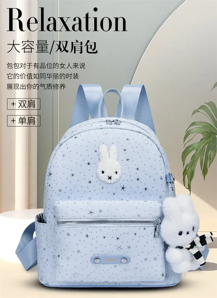 Tas Ransel Wanita Bahan Oxford Motif Print Warna Biru Bentuk Kotak Tali Lebar Dengan Gantungan