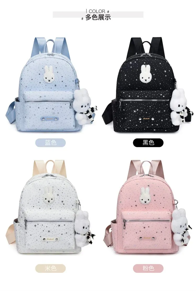 Tas Ransel Wanita Bahan Oxford Motif Print Warna Biru Bentuk Kotak Tali Lebar Dengan Gantungan
