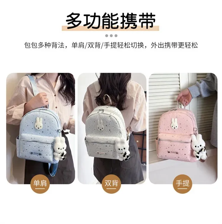 Tas Ransel Wanita Bahan Oxford Motif Print Warna Biru Bentuk Kotak Tali Lebar Dengan Gantungan