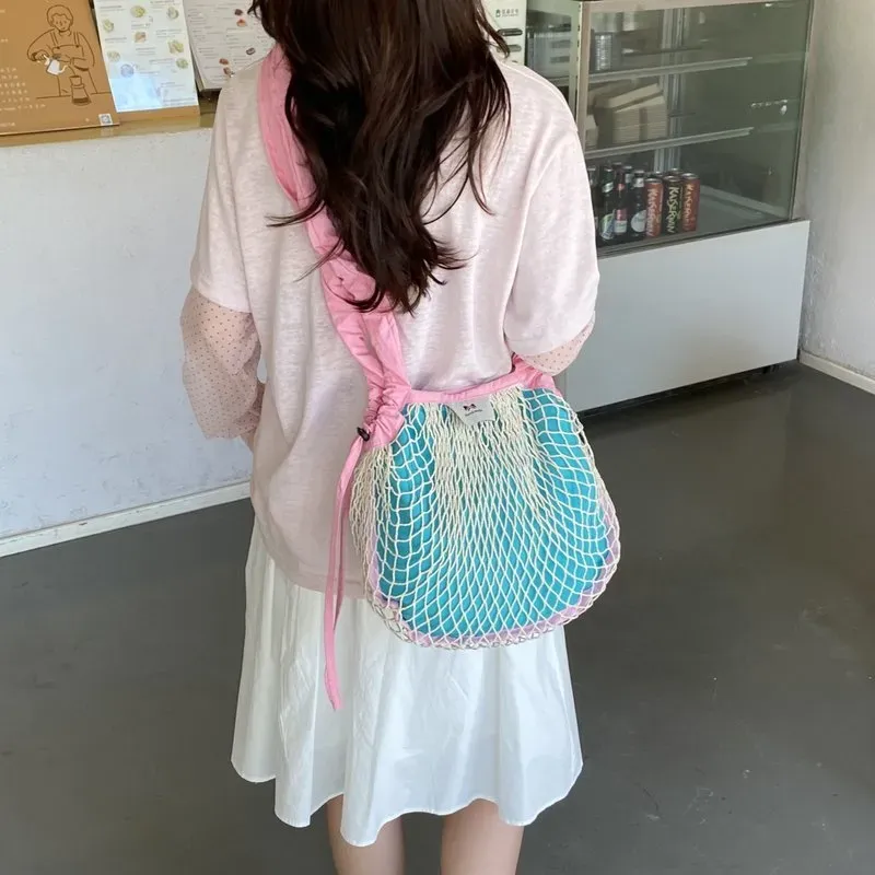 Tas Selempang Wanita Bahan PU Sintetis Motif Jaring Warna Putih Bentuk Bulat Grosir Import