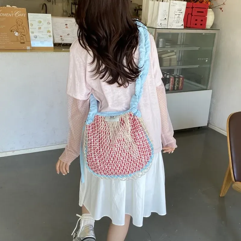 Tas Selempang Wanita Bahan PU Sintetis Motif Jaring Warna Putih Bentuk Bulat Grosir Import