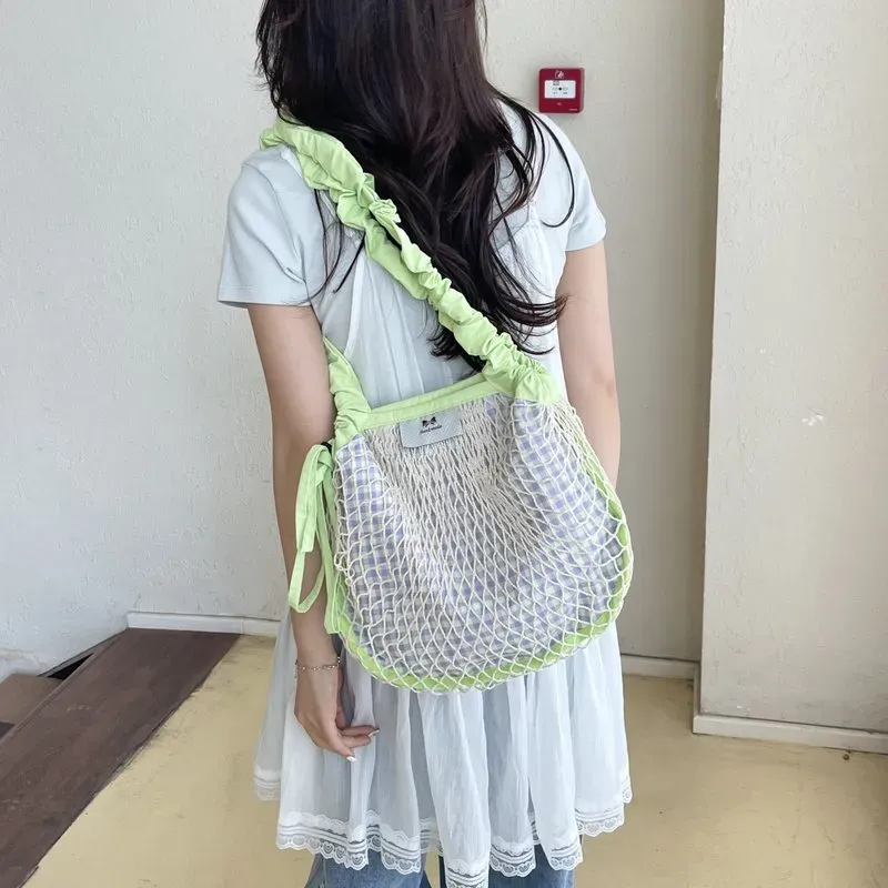Tas Selempang Wanita Bahan PU Sintetis Motif Jaring Warna Putih Bentuk Bulat Grosir Import