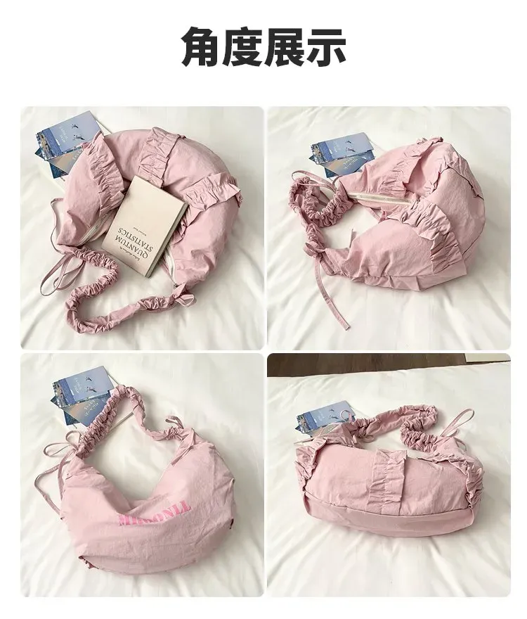 Tas Selempang Wanita Bahan PU Sintetis Polos Warna Pink Model Hobo Tali Serut Grosir Import
