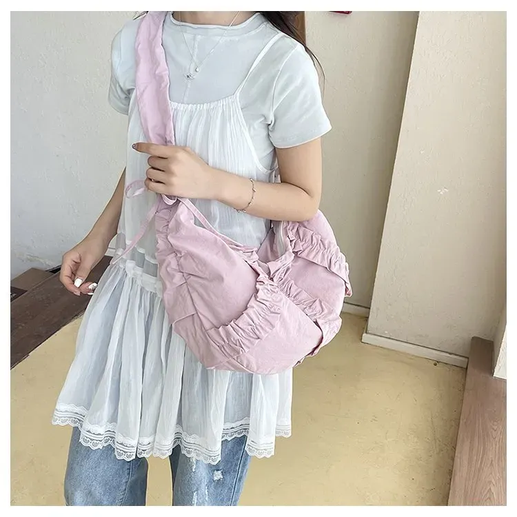 Tas Selempang Wanita Bahan PU Sintetis Polos Warna Pink Model Hobo Tali Serut Grosir Import