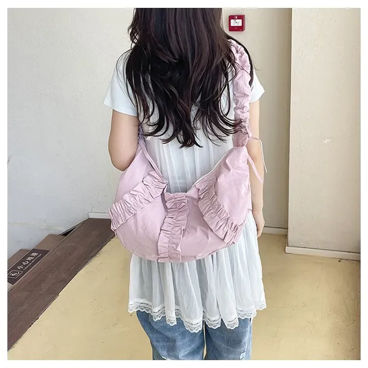 Tas Selempang Wanita Bahan PU Sintetis Polos Warna Pink Model Hobo Tali Serut Grosir Import