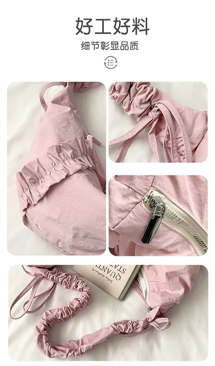 Tas Selempang Wanita Bahan PU Sintetis Polos Warna Pink Model Hobo Tali Serut Grosir Import