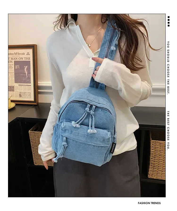 Tas Ransel Wanita Bahan PU Sintetis Polos Warna Biru Bentuk Kotak Tali Panjang Grosir Import
