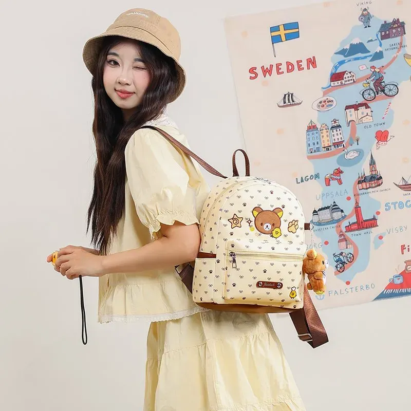 Tas Ransel Wanita Bahan Nylon Motif Print Warna Kuning Bentuk Kotak Tali Lebar Bahan PU