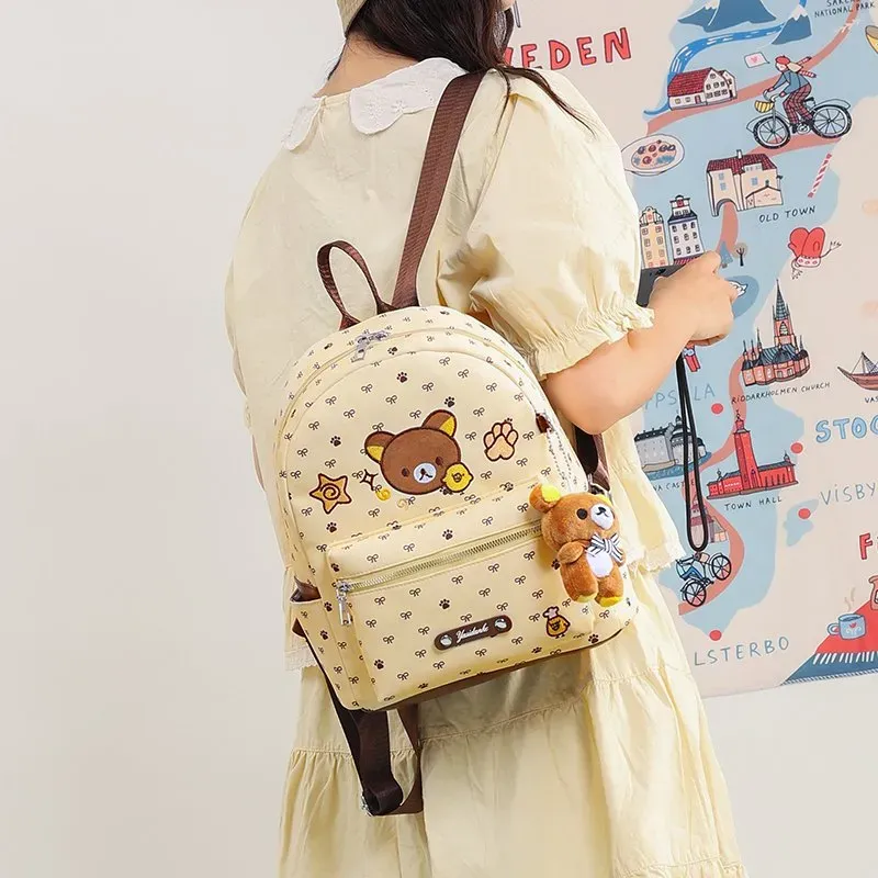 Tas Ransel Wanita Bahan Nylon Motif Print Warna Kuning Bentuk Kotak Tali Lebar Bahan PU