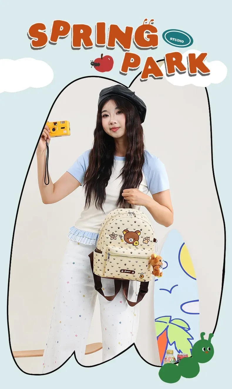 Tas Ransel Wanita Bahan Nylon Motif Print Warna Kuning Bentuk Kotak Tali Lebar Bahan PU