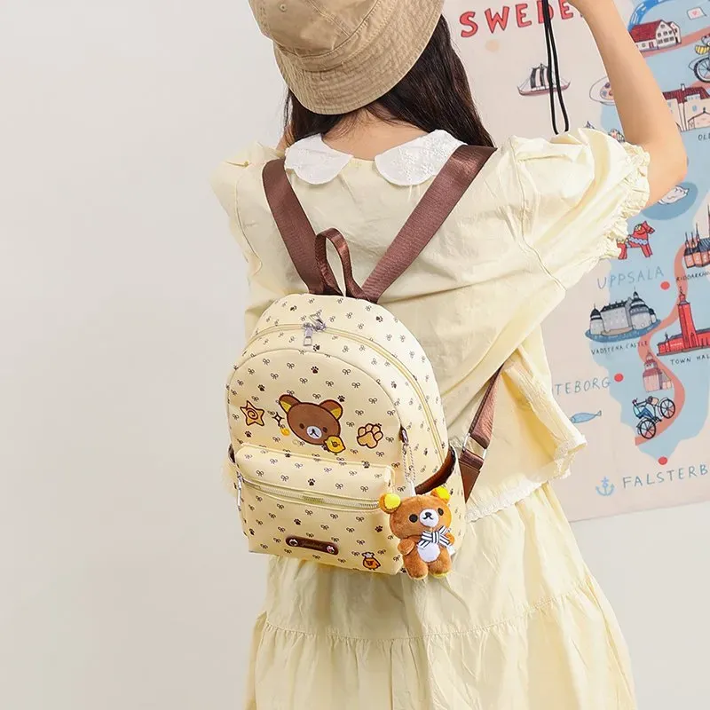 Tas Ransel Wanita Bahan Nylon Motif Print Warna Kuning Bentuk Kotak Tali Lebar Bahan PU