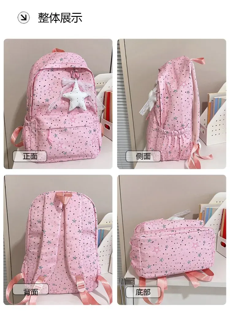Tas Ransel Wanita Bahan Nylon Motif Print Warna Hitam Bentuk Kotak Tali Lebar Dengan Gantungan