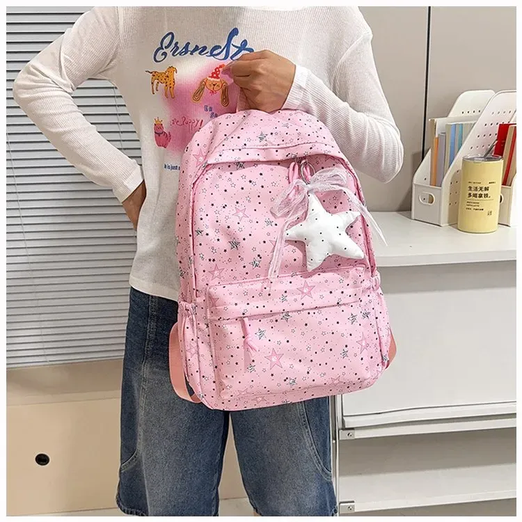 Tas Ransel Wanita Bahan Nylon Motif Print Warna Hitam Bentuk Kotak Tali Lebar Dengan Gantungan