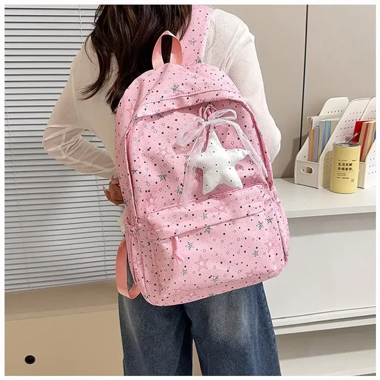 Tas Ransel Wanita Bahan Nylon Motif Print Warna Hitam Bentuk Kotak Tali Lebar Dengan Gantungan