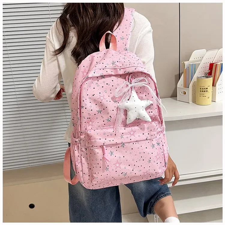 Tas Ransel Wanita Bahan Nylon Motif Print Warna Hitam Bentuk Kotak Tali Lebar Dengan Gantungan