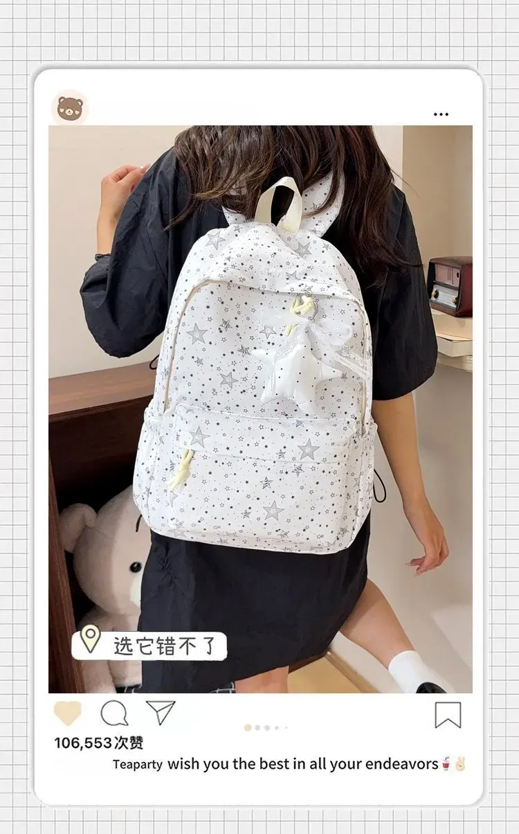 Tas Ransel Wanita Bahan Nylon Motif Print Warna Hitam Bentuk Kotak Tali Lebar Dengan Gantungan