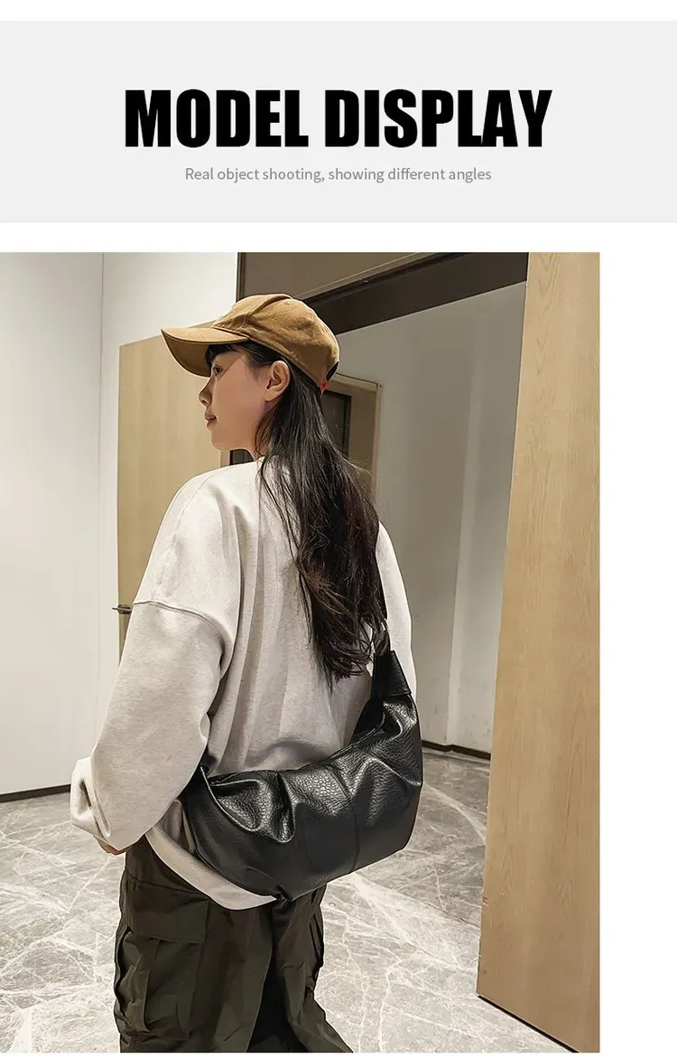 Tas Selempang Wanita Bahan PU Sintetis Polos Warna Hitam Bentuk Crescent Tali Pilihan Reseller