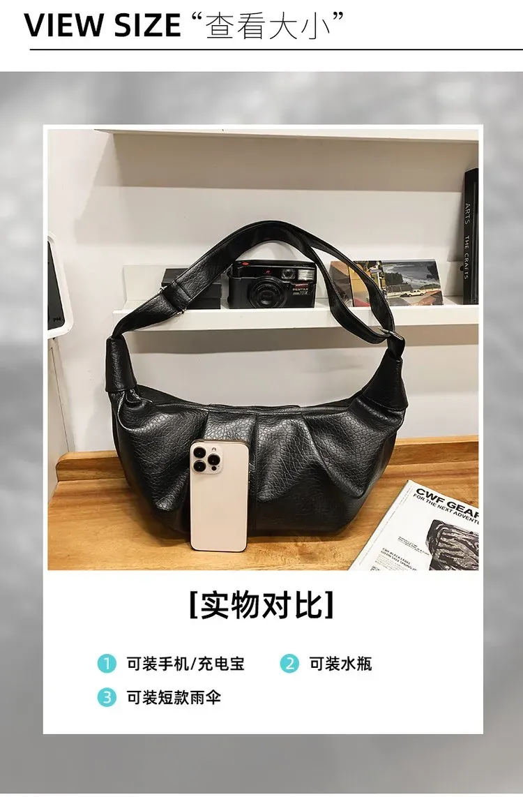 Tas Selempang Wanita Bahan PU Sintetis Polos Warna Hitam Bentuk Crescent Tali Pilihan Reseller