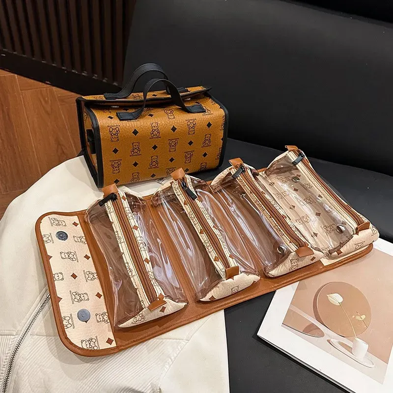 Tas Kosmetik Bahan PU Sintetis Motif Print Warna Kuning Bentuk Kotak Tali Lebar Grosir Import