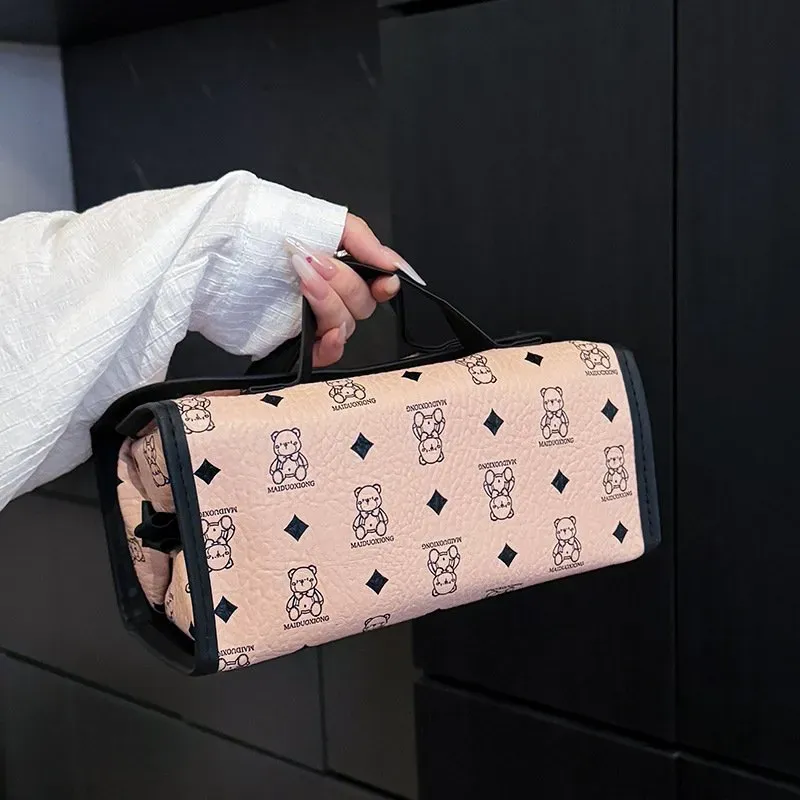 Tas Kosmetik Bahan PU Sintetis Motif Print Warna Kuning Bentuk Kotak Tali Lebar Grosir Import
